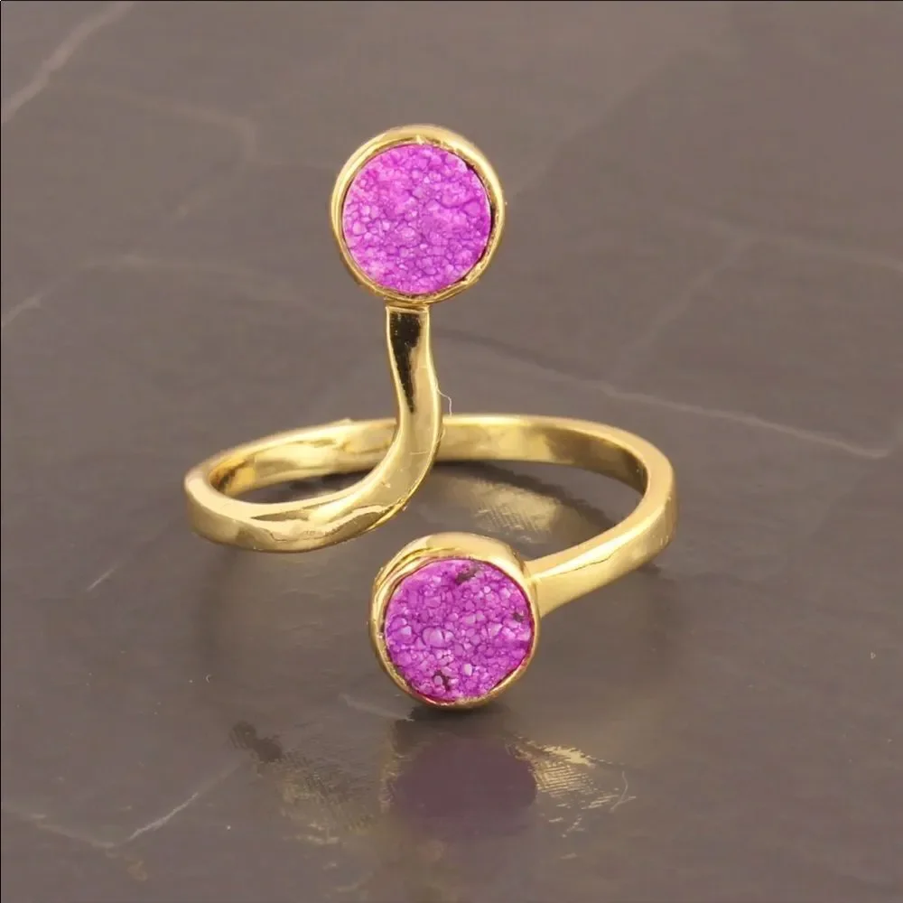 Pink Purple Sugar Druzy Yellow Gold Plated Brass Snake Shape Adjustable Ring